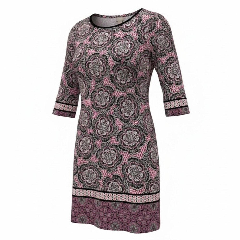 Chico's Shift Dress Women Pink Black White Floral Medallion 3/4 Sleeve